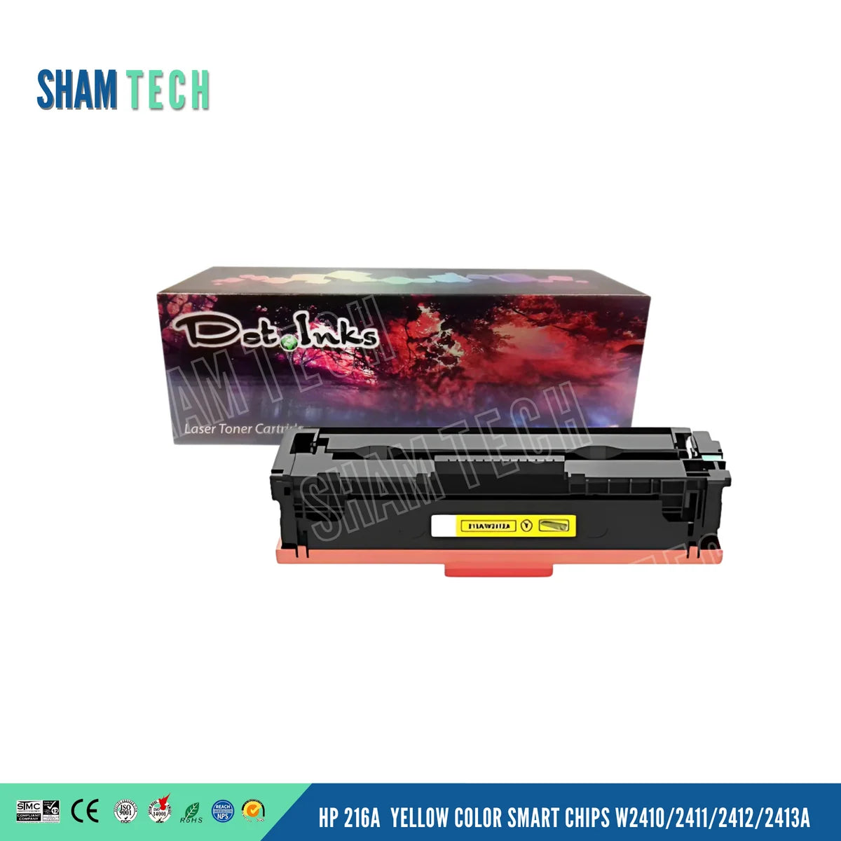 HP 216A YELLOW COLOR SMART CHIPS W2410/2411/2412/2413A" features a black toner cartridge with an orange protective bottom cover and a yellow label accent, positioned horizontally in front of a "Dot Inks" retail box against a white background. The unit features a structured black plastic housing with gear/contact mechanisms, a large translucent "SHAM TECH" watermark is overlaid diagonally across the image, and a bottom banner displays compliance and certification logos alongside the product name.