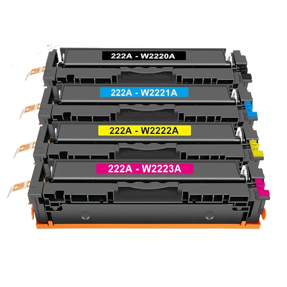 A set of four color laser toner cartridges without their box is displayed stacked vertically in a cascading arrangement against a plain white background. Each black plastic cartridge features a colored label tag on top indicating the model and color code: black (222A - W2220A), cyan (222A - W2221A), yellow (222A - W2222A), and magenta (222A - W2223A). Small orange pull tabs protrude from the left sides of the cartridges.