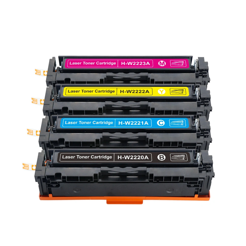 A set of four color laser toner cartridges without their box is displayed stacked vertically in a cascading arrangement against a plain white background. Each black plastic cartridge features a colored label tag on top indicating its color and model number: magenta (H-W2223A), yellow (H-W2222A), cyan (H-W2221A), and black (H-W2220A). Small orange pull tabs protrude from the left sides of the cartridges.