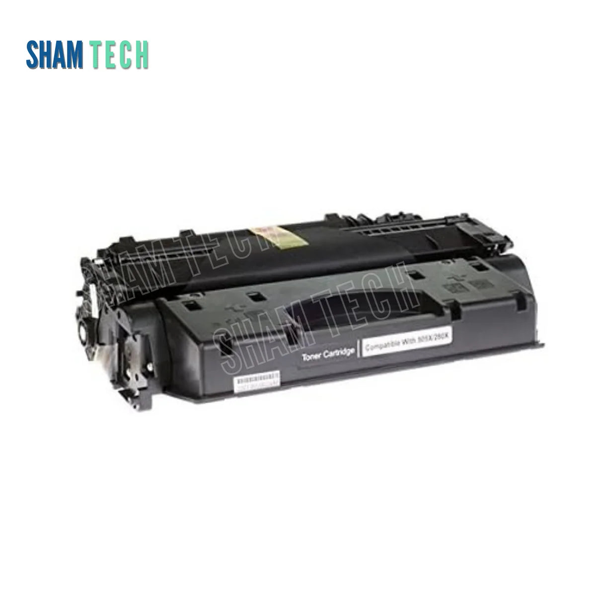HP 505X/280X Black Toner Cartridge without its box. Centred on a white background, the black laser toner unit features structured plastic housing, side gear/contact assemblies, an integrated central carry handle, a barcode/serial label on the lower front edge, and a two-section label marked "Toner Cartridge | Compatible With 505X/280X". Top-left branding features the "SHAM TECH" logo with a large translucent diagonal "SHAM TECH" watermark overlaid across the unit