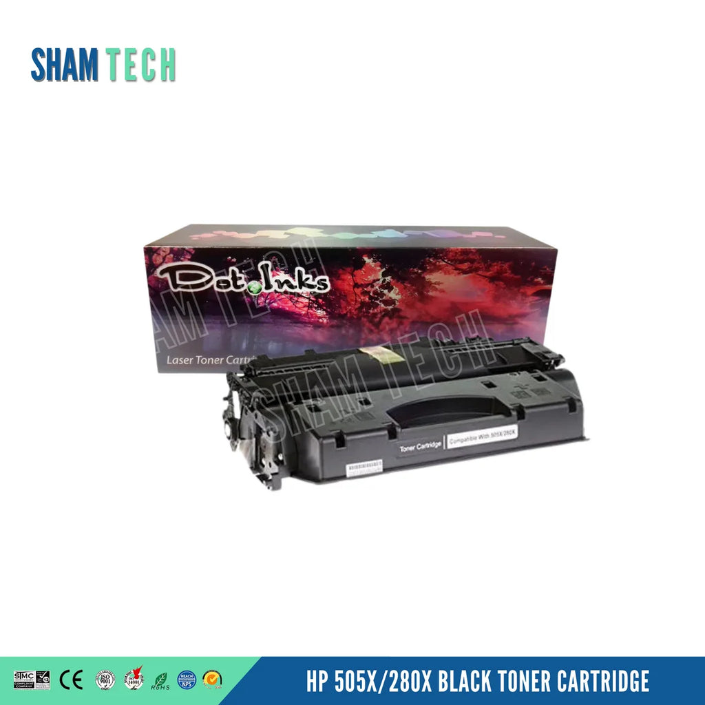An HP 505X/280X Black Toner Cartridge. In the foreground, a black laser toner unit with structured plastic housing, side gear/contact assemblies, an integrated central carry handle, and a two-section label marked "Toner Cartridge | Compatible With 505X/280X" rests before a "Dot Inks" branded packaging box on a white background with a soft drop shadow. The bottom dark blue banner displays international compliance and certification icons (SMC, CE, ISO 9001, ISO 14001, RoHS, REACH) on the left.