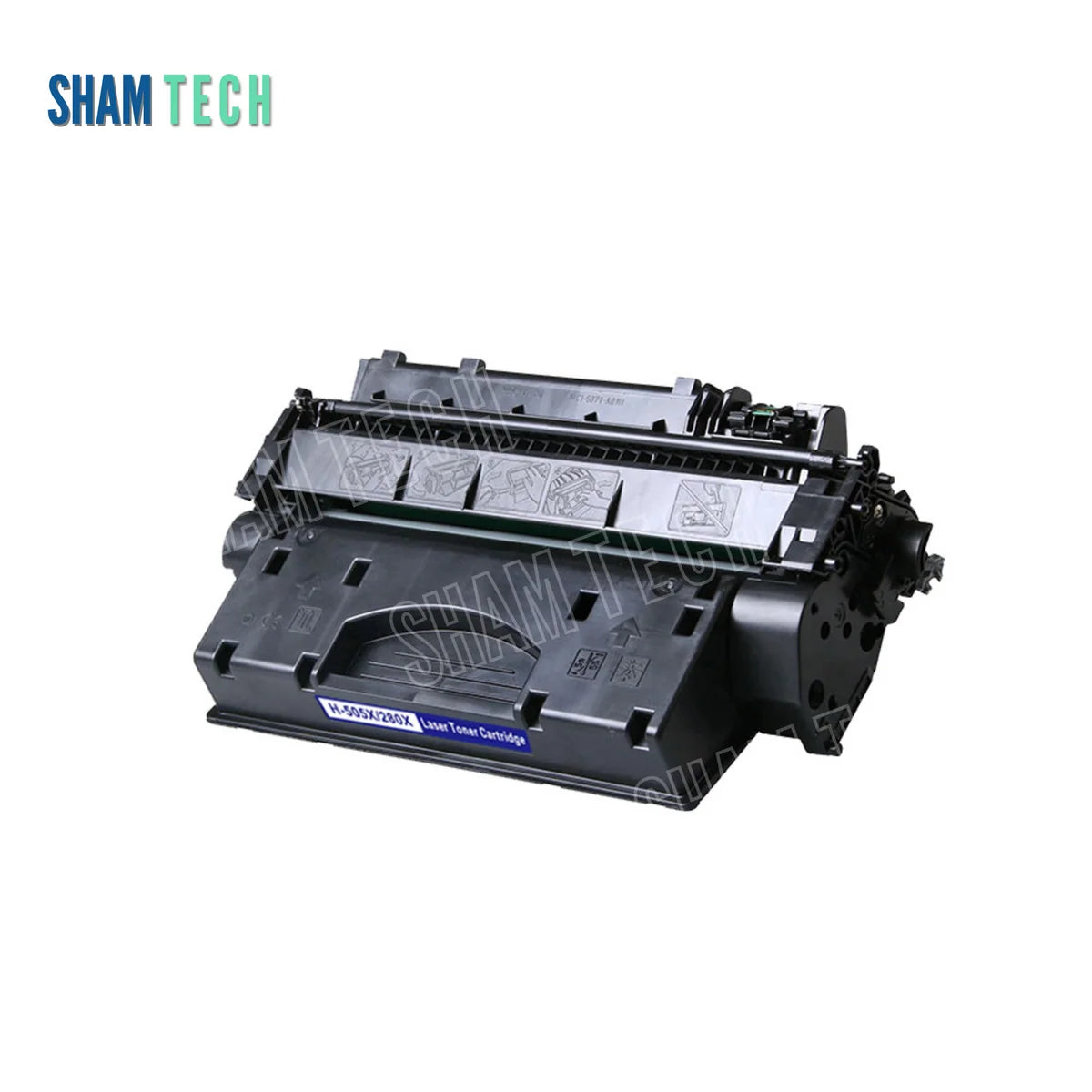 HP 505X/280X Black Toner Cartridge without its box. Centred on a white background, the black laser toner unit features structured plastic housing, side gear/contact assemblies, an integrated carry handle, pictographic handling/installation instruction icons across the top flap, an exposed drum mechanism with an accent strip, and a blue bottom label marked "H-505X/280X Laser Toner Cartridge". Top-left branding features the "SHAM TECH" logo with a large translucent diagonal "SHAM TECH" watermark overlaid.