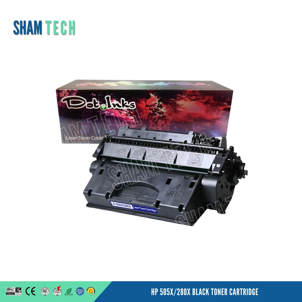 HP 505X/280X Black Toner Cartridge. In the foreground, a black laser toner unit featuring structured plastic housing, side gear/contact assemblies, an integrated carry handle, pictographic handling/installation instruction icons across the top flap, an exposed drum mechanism with an accent strip, and a blue bottom label marked "H-505X/280X Laser Toner Cartridge" rests before a "Dot Inks" branded packaging box on a white background with a soft drop shadow. The bottom dark blue banner.