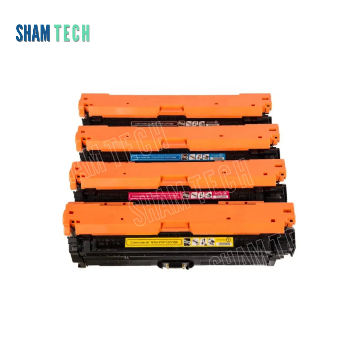 HP 651A Color Laser Toner Cartridges (CE340/341/342/343A) without their box. Centred on a white background, the stacked multi-color laser toner units feature structured black housings with bright orange protective top covers/shields, side gear/contact assemblies, and color-coded identification labels visible on the front/middle tiers (including blue, cyan and yellow/magenta sections). Top-left branding features the "SHAM TECH" logo with a large translucent diagonal "SHAM TECH" watermark overlaid.