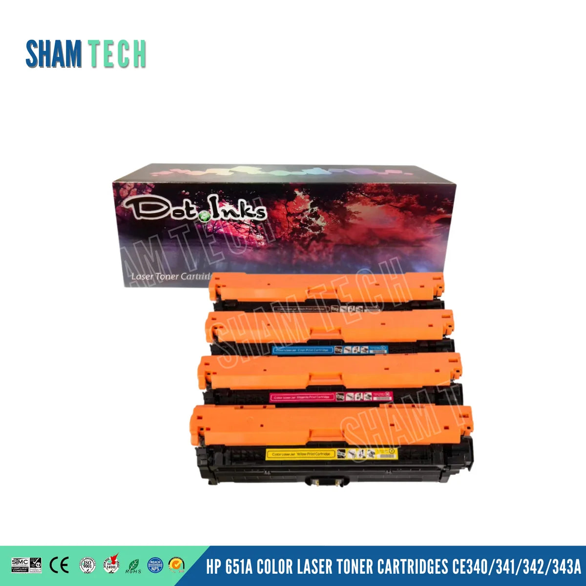 HP 651A Color Laser Toner Cartridges (CE340/341/342/343A). In the foreground, stacked multi-color laser toner units featuring structured black housings with bright orange protective top covers/shields rest before a "Dot Inks" branded packaging box on a white background with a soft drop shadow. The bottom gradient banner displays international compliance and certification icons (SMC, CE, ISO 9001, ISO 14001, RoHS, REACH) on the left and bold text "HP 651A COLOR LASER TONER CARTRIDGES CE340/341/342/343A"