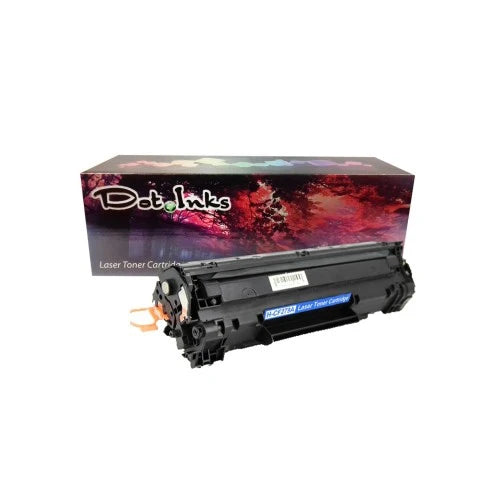 HP 79A (CF279A) laser toner cartridge. In the foreground against a clean white background, a black laser toner unit featuring structured plastic housing, an orange pull-tab, a barcode label, and a blue label marked "H-CF278A Laser Toner Cartridge" rests in front of a matching Dot Inks brand retail box featuring an autumn tree canopy and reddish landscape design.