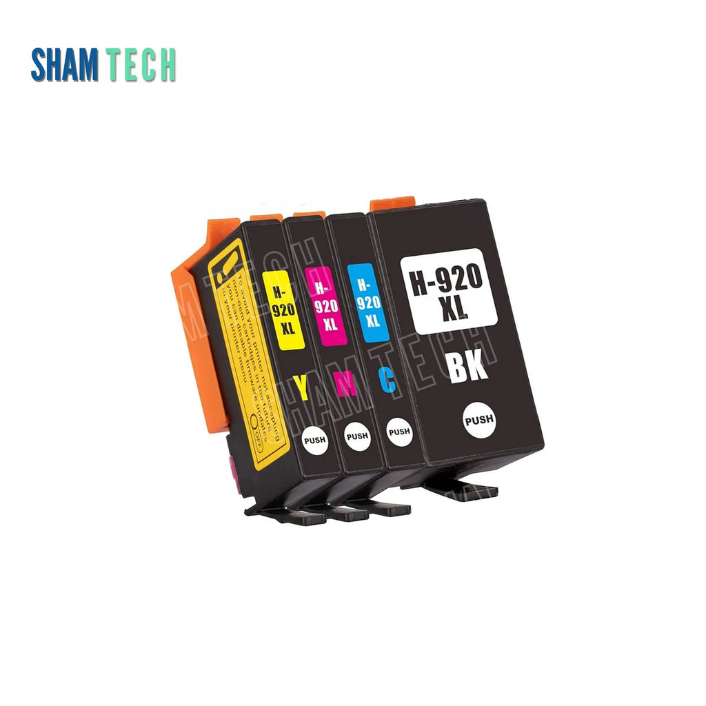 HP 920XL Black/Cyan/Yellow/Magenta inkjet cartridge set. Against a clean white background, four individual cartridges—featuring a large black H-920 XL BK unit and three color units for Yellow (H-920 XL Y), Magenta (H-920 XL M), and Cyan (H-920 XL C)—stand aligned with orange protective clips and round "PUSH" tabs. The upper-left corner displays the SHAM TECH brand logo in teal and blue.