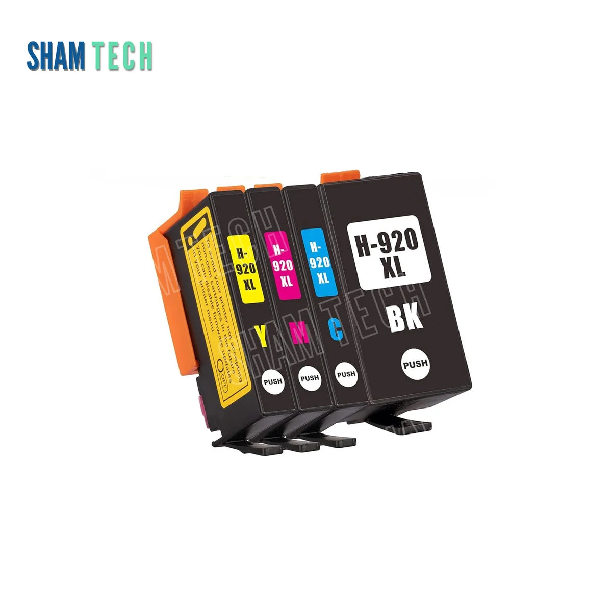 HP 920XL Black/Cyan/Yellow/Magenta inkjet cartridge set. Against a clean white background, four individual cartridges—featuring a large black H-920 XL BK unit and three color units for Yellow (H-920 XL Y), Magenta (H-920 XL M), and Cyan (H-920 XL C)—stand aligned with orange protective clips and round "PUSH" tabs. The upper-left corner displays the SHAM TECH brand logo in teal and blue.