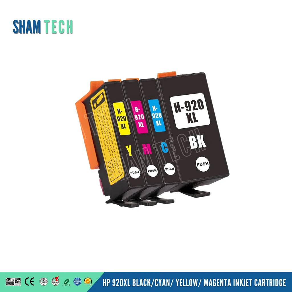 HP 920XL Black/Cyan/Yellow/Magenta inkjet cartridge set. Against a clean white background, four individual cartridges—a large black H-920 XL BK unit and three color units for Yellow (H-920 XL Y), Magenta (H-920 XL M), and Cyan (H-920 XL C)—stand aligned with orange protective clips and round "PUSH" tabs. The upper-left corner features the SHAM TECH brand logo, while a dark blue banner at the bottom displays white typography reading "HP 920XL BLACK/CYAN/YELLOW/MAGENTA INJET CARTRIDGE".