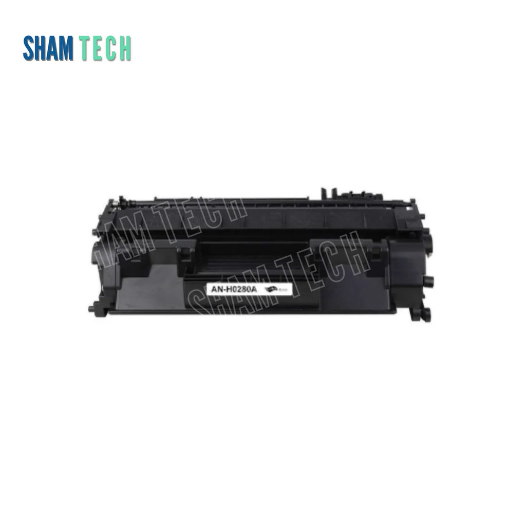 HP CE505A / CF280A Black Toner Cartridge without its box, featuring a heavy-duty black laser toner unit with a product label marked AN-H0280A resting against a clean white background. The layout incorporates the mandatory top-left SHAM TECH logo and a diagonal SHAM TECH watermark overlay across the center.
