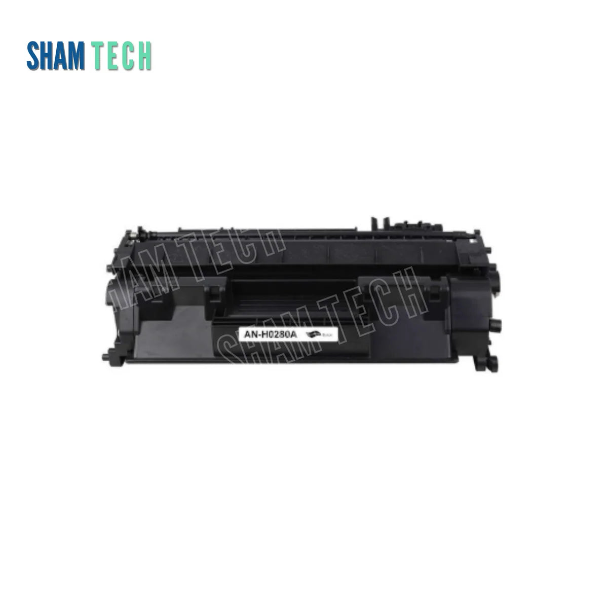 HP CE505A / CF280A Black Toner Cartridge without its box, featuring a heavy-duty black laser toner unit with a product label marked AN-H0280A resting against a clean white background. The layout incorporates the mandatory top-left SHAM TECH logo and a diagonal SHAM TECH watermark overlay across the center.