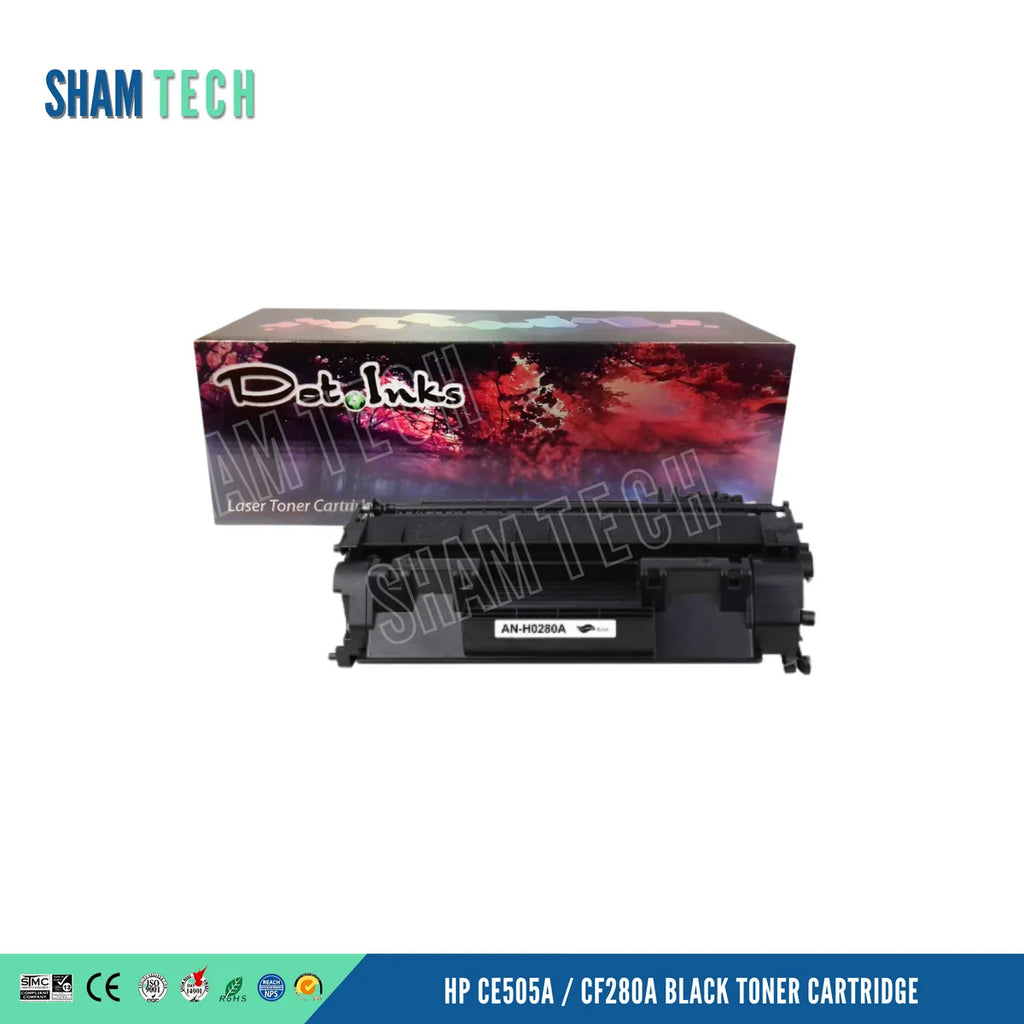 HP CE505A / CF280A Black Toner Cartridge, featuring a heavy-duty black laser toner unit with a product label marked AN-H0280A resting against a white background in front of a Dot Inks brand product box. The layout incorporates the mandatory top-left SHAM TECH logo, a diagonal SHAM TECH watermark overlay across the center, standard certification icons at the bottom left, and bold title text at the bottom right.