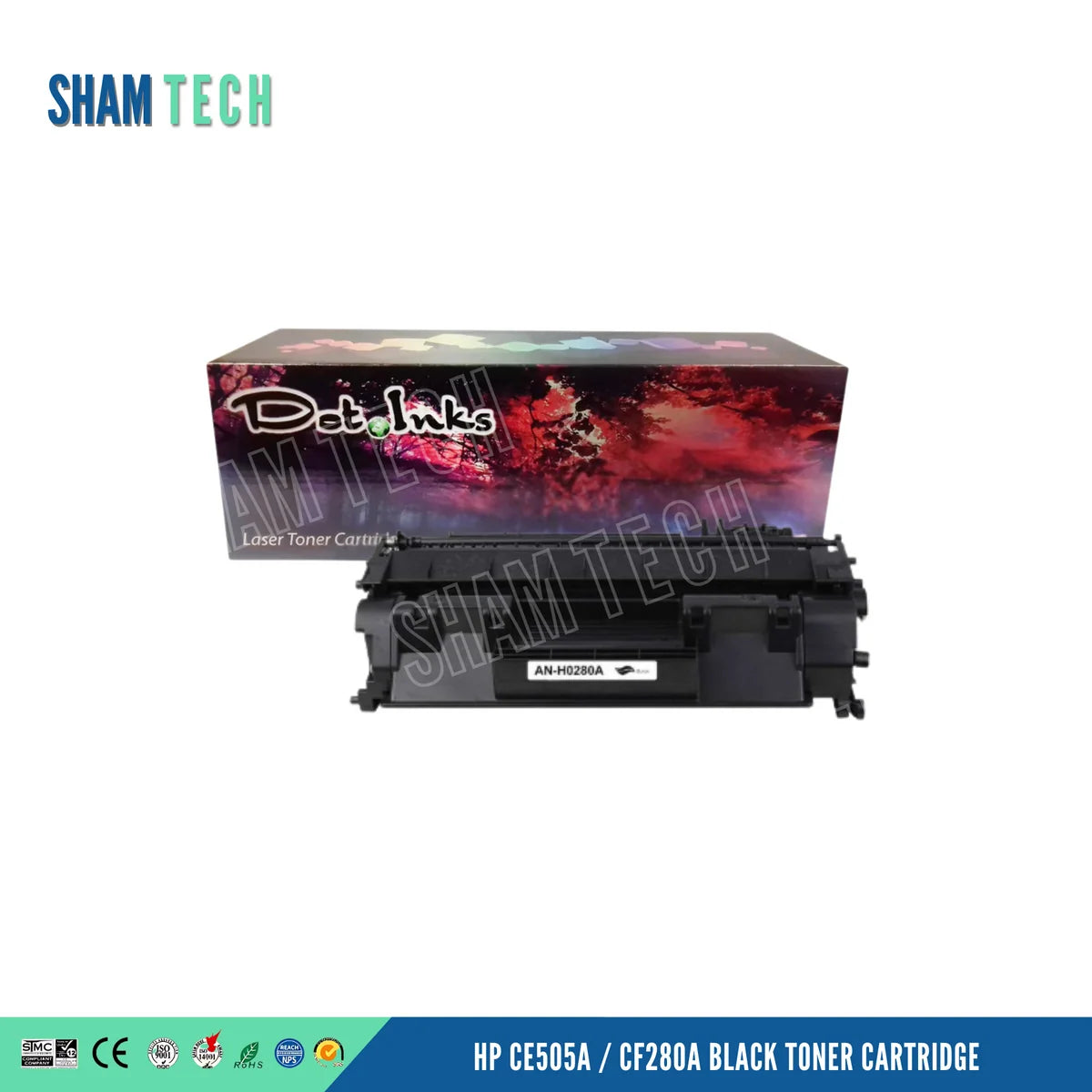 HP CE505A / CF280A Black Toner Cartridge, featuring a heavy-duty black laser toner unit with a product label marked AN-H0280A resting against a white background in front of a Dot Inks brand product box. The layout incorporates the mandatory top-left SHAM TECH logo, a diagonal SHAM TECH watermark overlay across the center, standard certification icons at the bottom left, and bold title text at the bottom right.