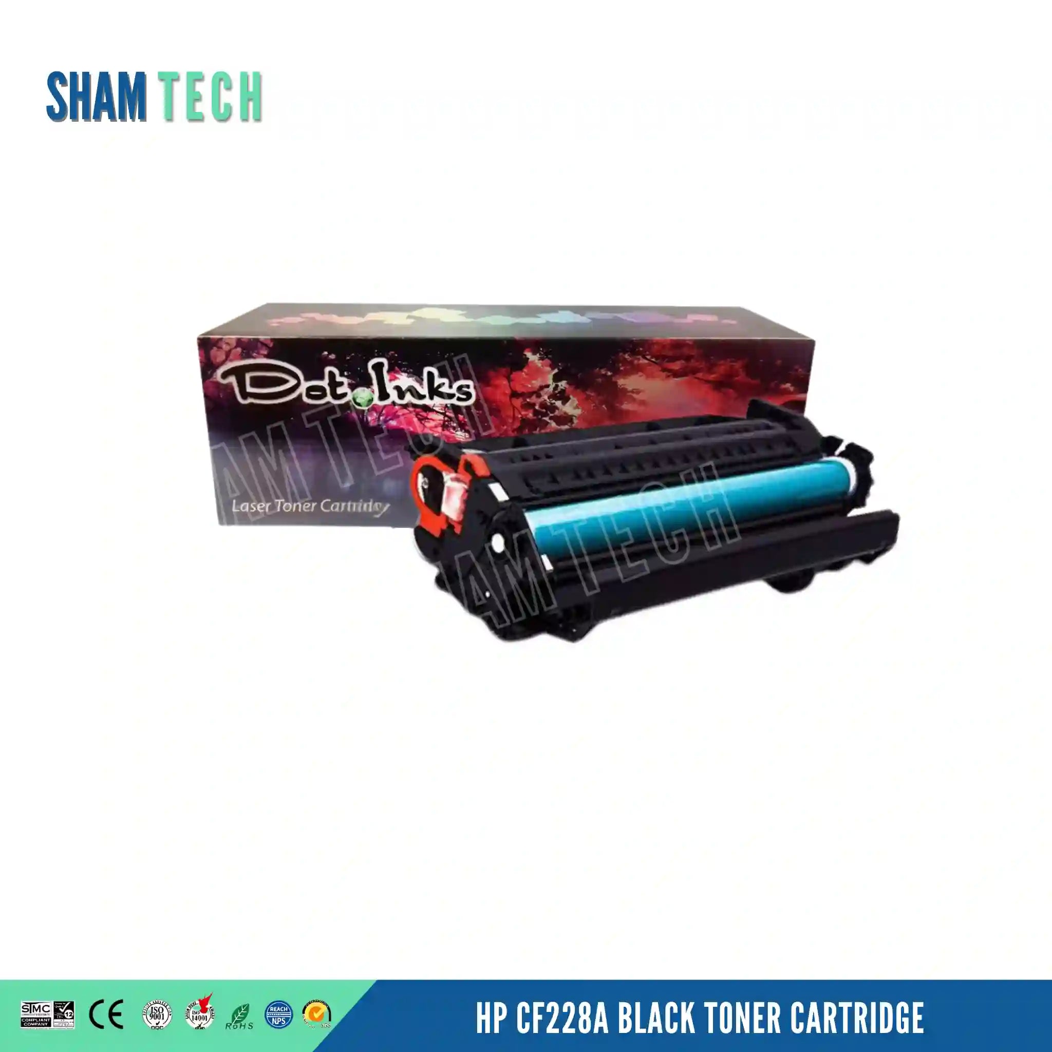 HP 28A CF228A compatible black toner cartridge for LaserJet Pro M403, shown in front of its retail box. The brand 'Sham Tech' is visible in the top left, and a blue banner at the bottom reads 'HP CF228A BLACK TONER CARTRIDGE'.
