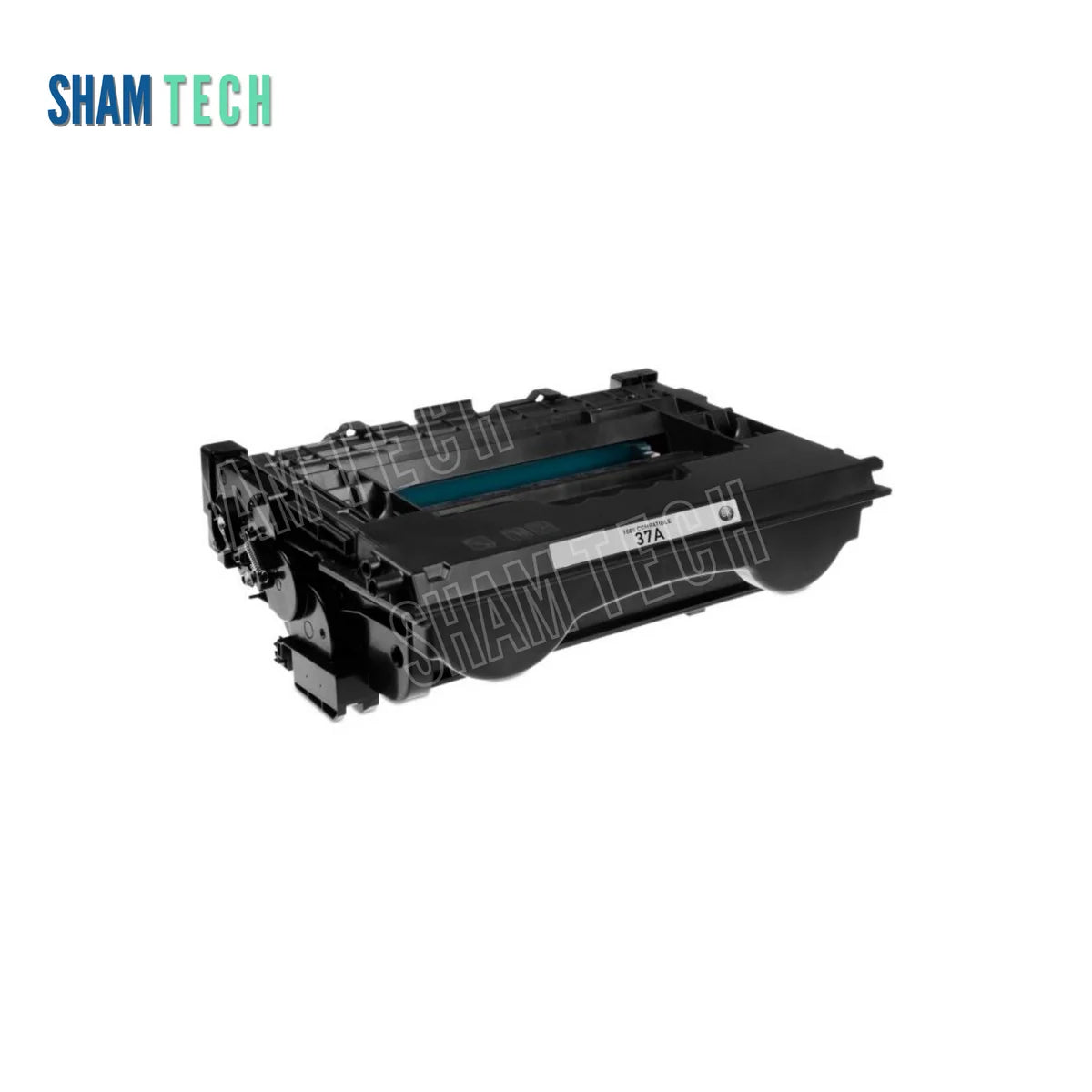 An HP CF237A Black Toner Cartridge without its box. Centred on a white background, the heavy-duty black laser toner unit features structured plastic housing, side gear/contact assemblies, an exposed internal drum/roller mechanism, and a white centre label marked "100% COMPATIBLE 37A" with a small circular "BK" badge. Top-left branding features the "SHAM TECH" logo with a large translucent diagonal "SHAM TECH" watermark overlaid.