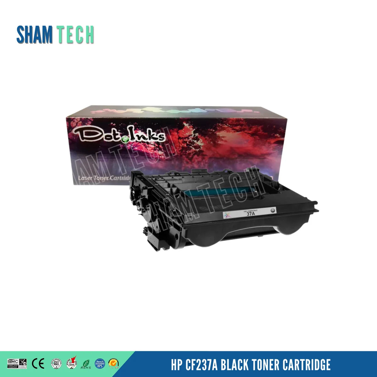 An HP CF237A Black Toner Cartridge. In the foreground, a heavy-duty black laser toner unit with structured plastic housing, side gear/contact assemblies, an exposed internal drum/roller mechanism, and a white center label marked "100% COMPATIBLE 37A" rests before a "Dot Inks" branded packaging box on a white background with a soft drop shadow. The bottom gradient banner displays international compliance and certification icons (SMC, CE, ISO 9001, ISO 14001, RoHS, REACH) 