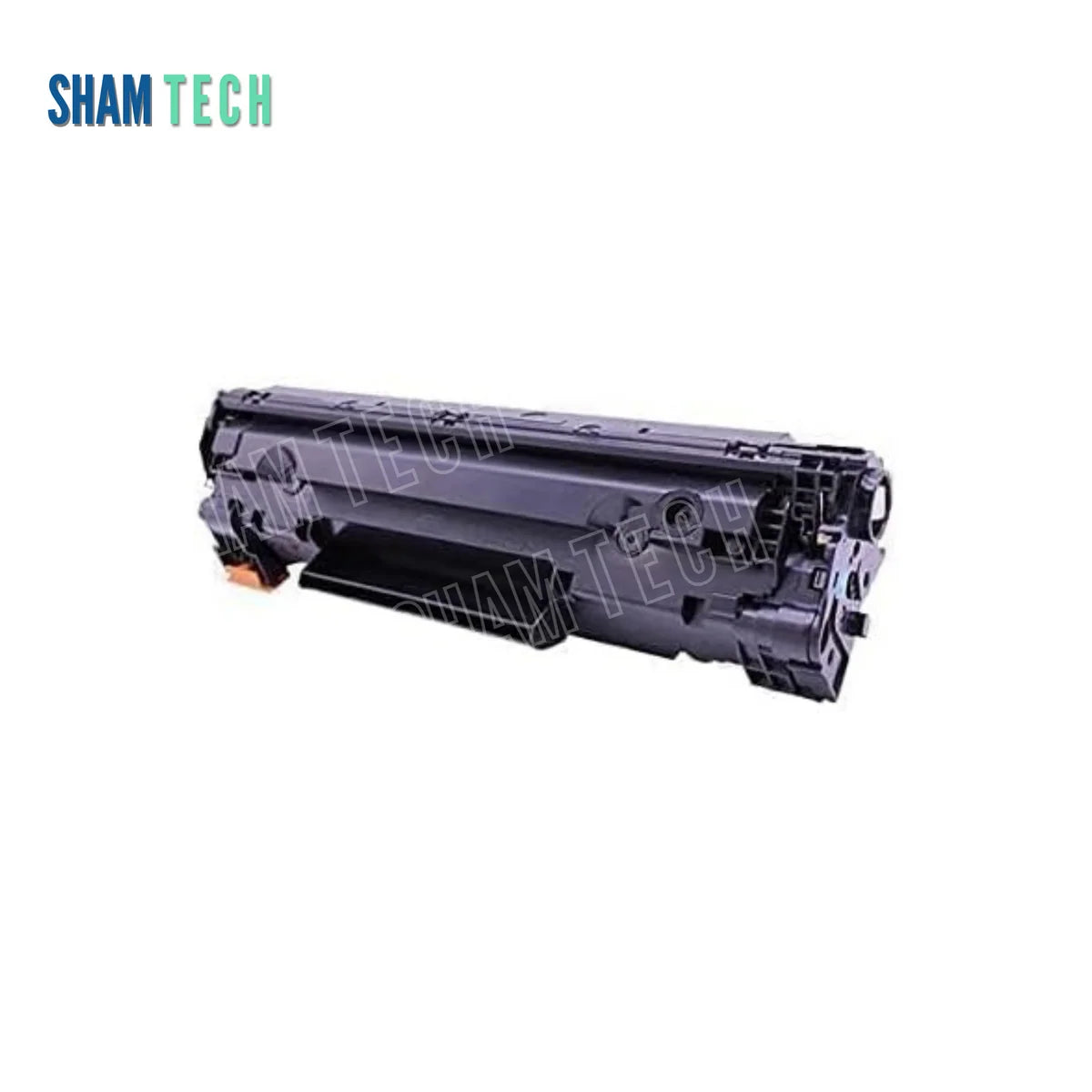 HP CF244A Black Toner Cartridge without its box. Angled heavy-duty black laser toner unit featuring structured plastic housing, side gear/spring assemblies, protective orange end/contact covers, and a compact body profile set against a white background with a translucent diagonal SHAM TECH watermark overlay. Top-left features the mandatory SHAM TECH logo.
