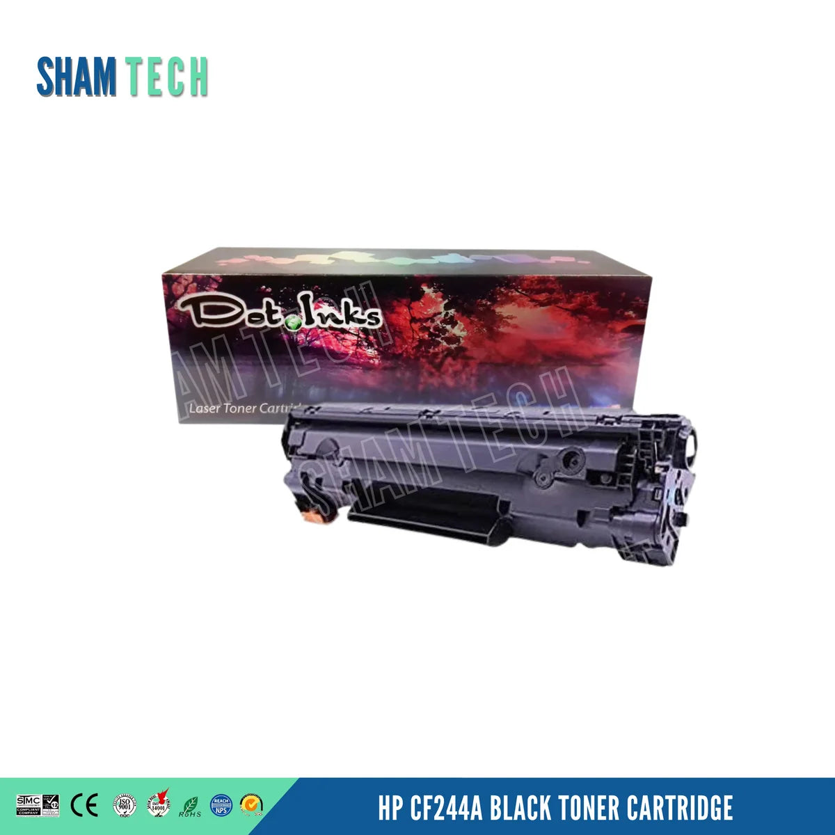 HP CF244A Black Toner Cartridge. In the foreground, an angled heavy-duty black laser toner unit featuring structured plastic housing, side gear/spring assemblies, protective orange end/contact covers, and a compact body profile rests before a "Dot Inks" branded retail packaging box on a white background. Bottom banner displays "HP CF244A BLACK TONER CARTRIDGE" alongside compliance and certification icons (SMC, CE, ISO 9001, ISO 14001, RoHS, REACH, NPS, SGS). Top-left features the mandatory SHAM TECH logo.