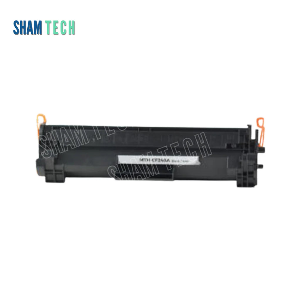 HP CF248A Black Toner Cartridge without its box. Angled heavy-duty black laser toner unit featuring structured plastic housing, orange end/pull tabs, side gear/spring assemblies, and a center white label marked "MTH-CF248A" set against a white background with a translucent diagonal SHAM TECH watermark overlay. Top-left features the mandatory SHAM TECH logo.