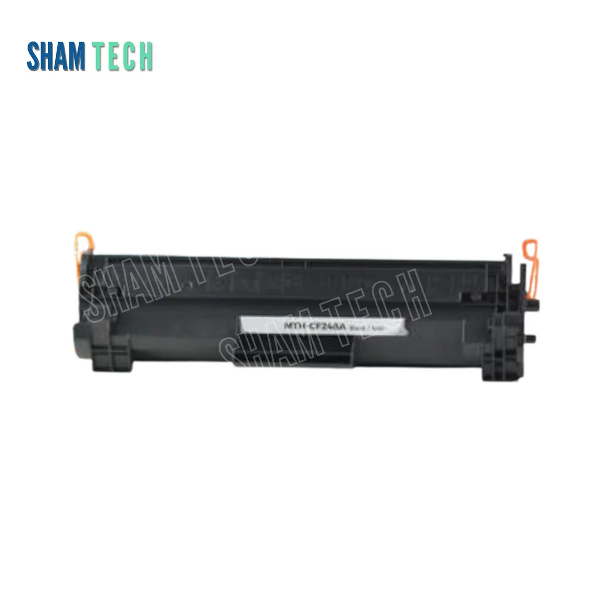 HP CF248A Black Toner Cartridge without its box. Angled heavy-duty black laser toner unit featuring structured plastic housing, orange end/pull tabs, side gear/spring assemblies, and a center white label marked "MTH-CF248A" set against a white background with a translucent diagonal SHAM TECH watermark overlay. Top-left features the mandatory SHAM TECH logo.