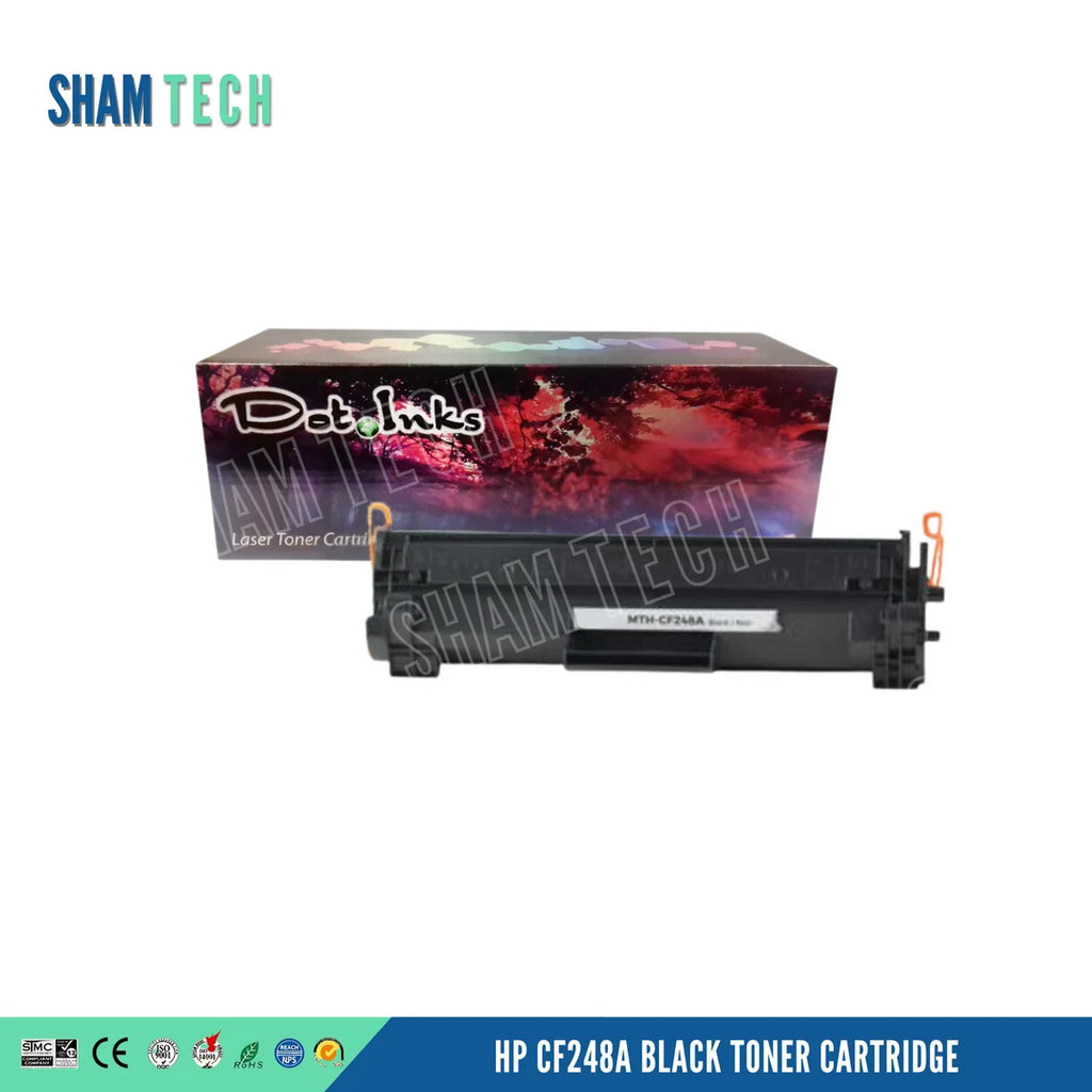 HP CF248A Black Toner Cartridge. In the foreground, an angled heavy-duty black laser toner unit featuring structured plastic housing, orange end/pull tabs, side gear/spring assemblies, and a center white label marked "MTH-CF248A" rests before a "Dot Inks" branded retail packaging box on a white background. Bottom banner displays "HP CF248A BLACK TONER CARTRIDGE" alongside compliance and certification icons (SMC, CE, ISO 9001, ISO 14001, RoHS, REACH, NPS, SGS). 