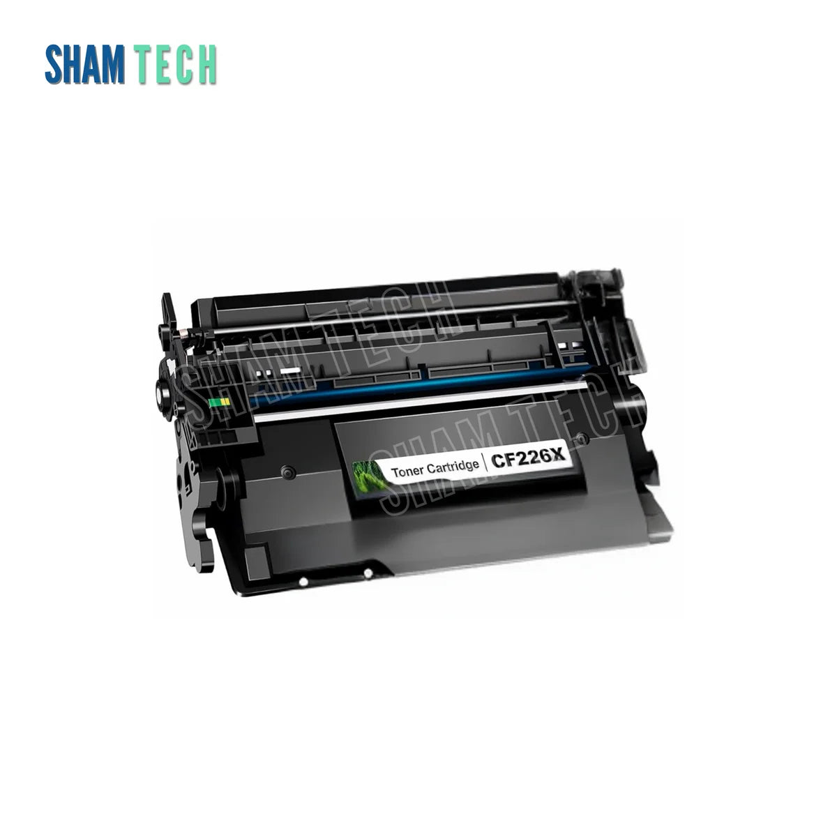 A HP CN-CRG052/CF226X Black Toner Cartridge without its box features the top-left "SHAM TECH" logo and large diagonal translucent watermark. Centred on a white background, the black laser toner unit displays a structured plastic housing, side gear/contact assemblies, an exposed drum mechanism with a light blue accent strip, and a central white label marked "Toner Cartridge | CF226X".