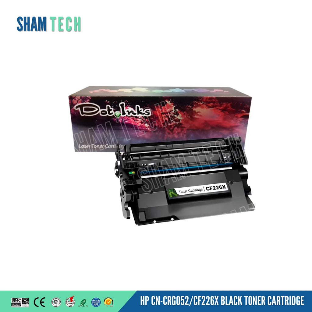 HP CN-CRG052/CF226X Black Toner Cartridge. In the foreground, a black laser toner unit showcases a structured plastic housing, side gear/contact assemblies, an exposed drum mechanism with a light blue accent strip, and a central white label marked "Toner Cartridge | CF226X". The cartridge rests before a "Dot Inks" branded packaging box on a white background with a soft drop shadow, anchored by a bottom footer banner displaying international certification logos (SMC, CE, ISO 9001, ISO 14001, RoHS, REACH)