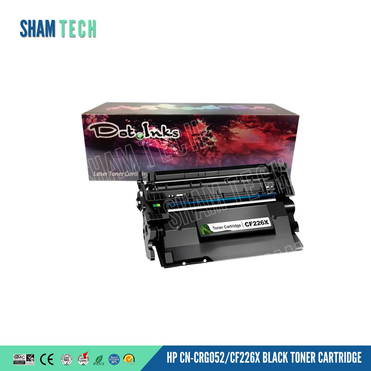 HP CN-CRG052/CF226X Black Toner Cartridge. In the foreground, a black laser toner unit showcases a structured plastic housing, side gear/contact assemblies, an exposed drum mechanism with a light blue accent strip, and a central white label marked "Toner Cartridge | CF226X". The cartridge rests before a "Dot Inks" branded packaging box on a white background with a soft drop shadow, anchored by a bottom footer banner displaying international certification logos (SMC, CE, ISO 9001, ISO 14001, RoHS, REACH)