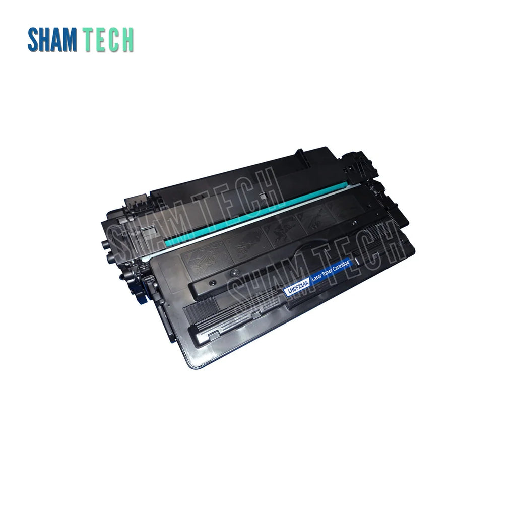 HP H-CF214A black laser toner cartridge with a cyan roller stripe, without its box. Centred on a white background. A semi-transparent diagonal SHAM TECH watermark overlays the centre, and the top-left corner displays the SHAM TECH logo.