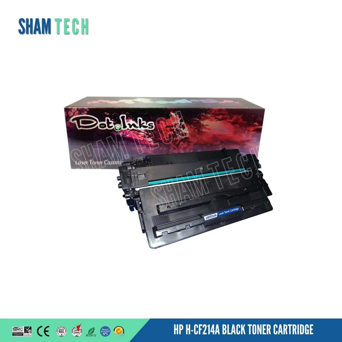 HP H-CF214A black laser toner cartridge (with a cyan roller stripe) placed in front of its Dot Inks-branded retail packaging box against a white background. A semi-transparent diagonal SHAM TECH watermark overlays the centre, while a bottom bar displays compliance icons (CE, ISO 9001, ISO 14001, RoHS, REACH) and text reading "HP H-CF214A BLACK TONER CARTRIDGE".The top-left corner shows the SHAM TECH logo