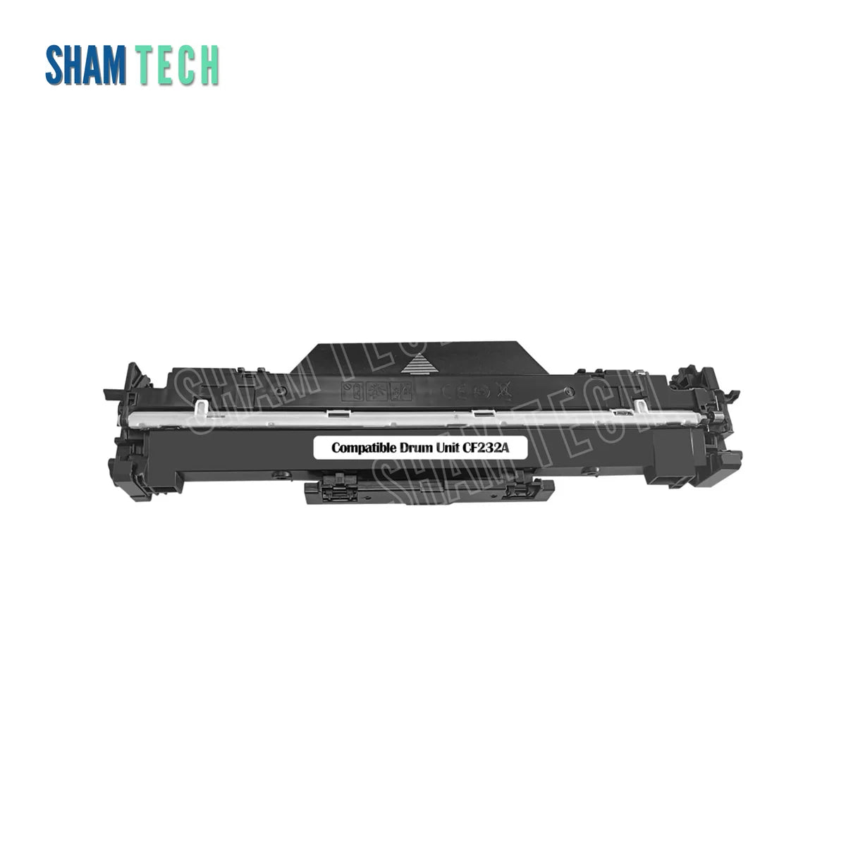 a CF232A drum unit component set without its box against a clean white background. The component features a dark black plastic housing with a metallic top guide rail and a central identification sticker labeled "Compatible Drum Unit CF232A". The SHAM TECH brand logo is displayed in the upper-left corner, and a semi-transparent "SHAM TECH" watermark is overlaid across the product image.