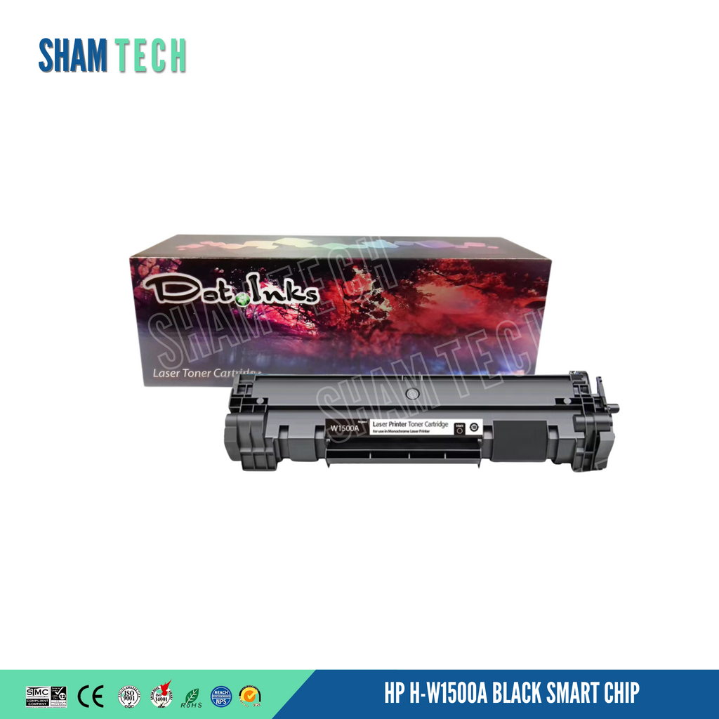 HP 150a toner (H-W1500A) Black toner cartridge with product packaging displaying the Dotinks logo and product information displayed on a white background