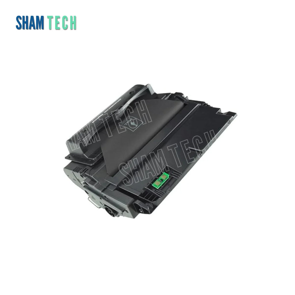 A standalone black HP Q5942A toner cartridge is displayed diagonally without its box against a white background. The unit features a durable, structured black plastic housing, top handle/feed guide assembly, electronic contact chip board, and side gear/contact points. The "SHAM TECH" logo appears in the top-left corner, and a large translucent "SHAM TECH" watermark is overlaid diagonally across the image.