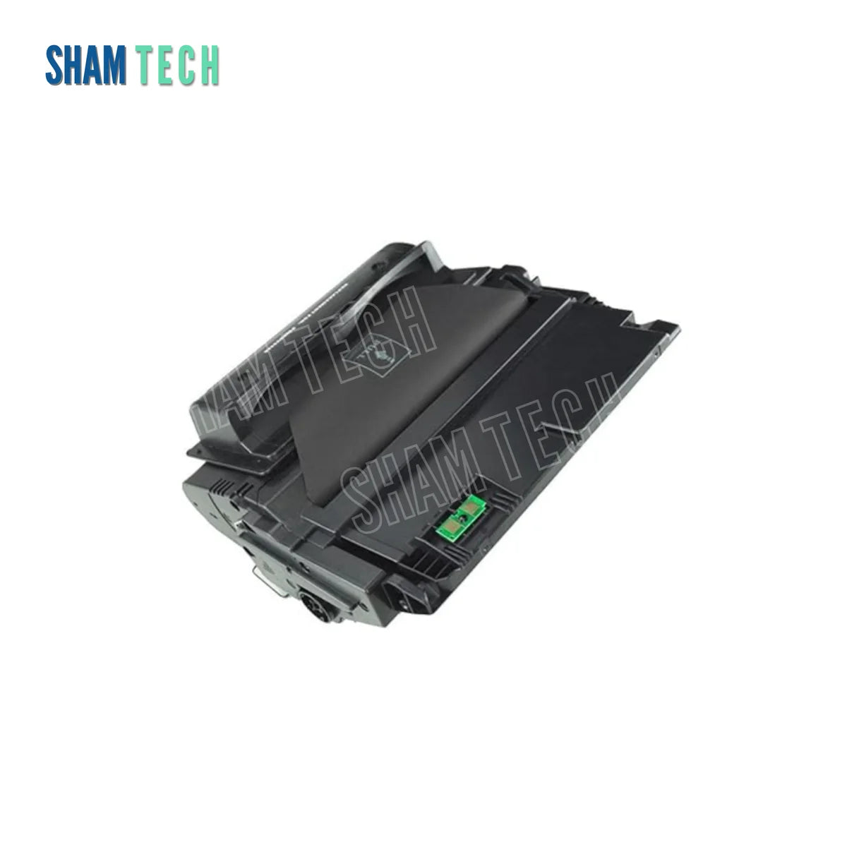 A standalone black HP Q5942A toner cartridge is displayed diagonally without its box against a white background. The unit features a durable, structured black plastic housing, top handle/feed guide assembly, electronic contact chip board, and side gear/contact points. The "SHAM TECH" logo appears in the top-left corner, and a large translucent "SHAM TECH" watermark is overlaid diagonally across the image.