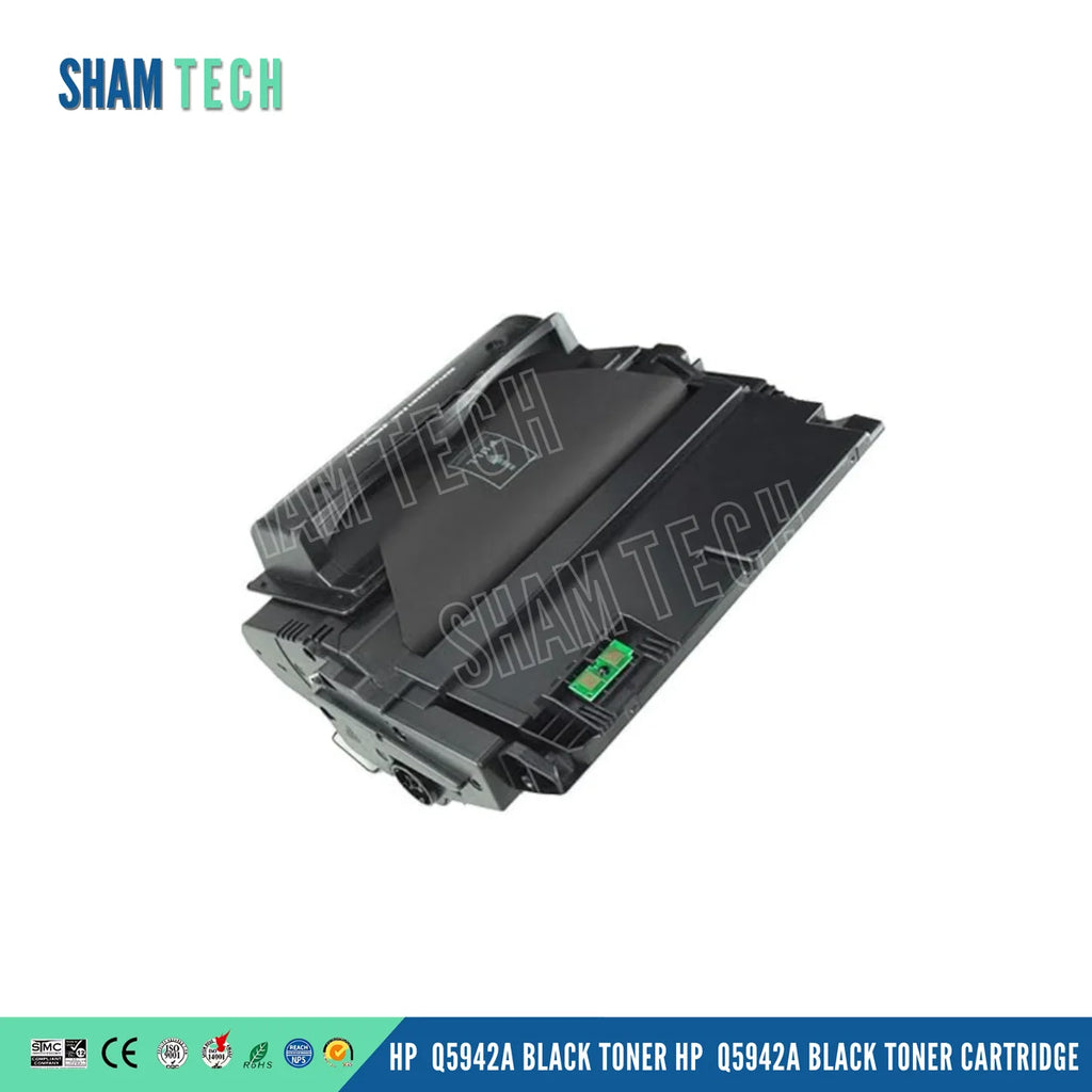 HP Q5942A BLACK TONER features a black laser toner unit with a structured plastic housing, top handle/feed guide assembly, electronic contact chip board, and side gear/contact points, without its box, against a white background. The "SHAM TECH" logo appears in the top-left corner, a large translucent "SHAM TECH" watermark is overlaid diagonally across the image, and a bottom banner displays compliance and certification logos alongside the product name