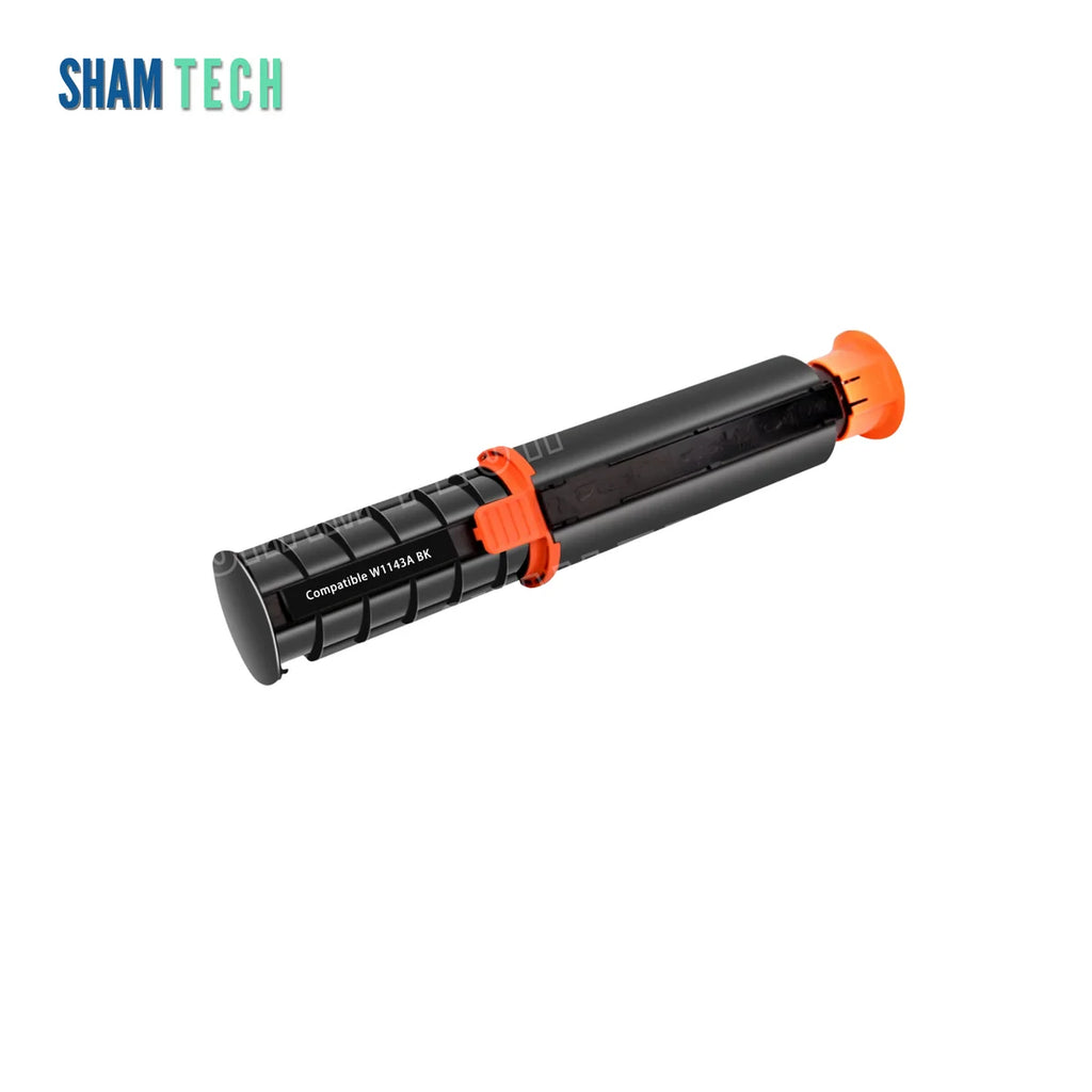HP W1143A Black Toner Cartridge without its box. Centered diagonally on a white background, the cylindrical black toner unit features an orange end cap/collar ring assembly, a helical/ribbed structural body, an orange central release/locking latch, and a black label marked "Compatible W1143A BK". Top-left branding features the "SHAM TECH" logo with a large translucent diagonal "SHAM TECH" watermark overlaid across the unit.