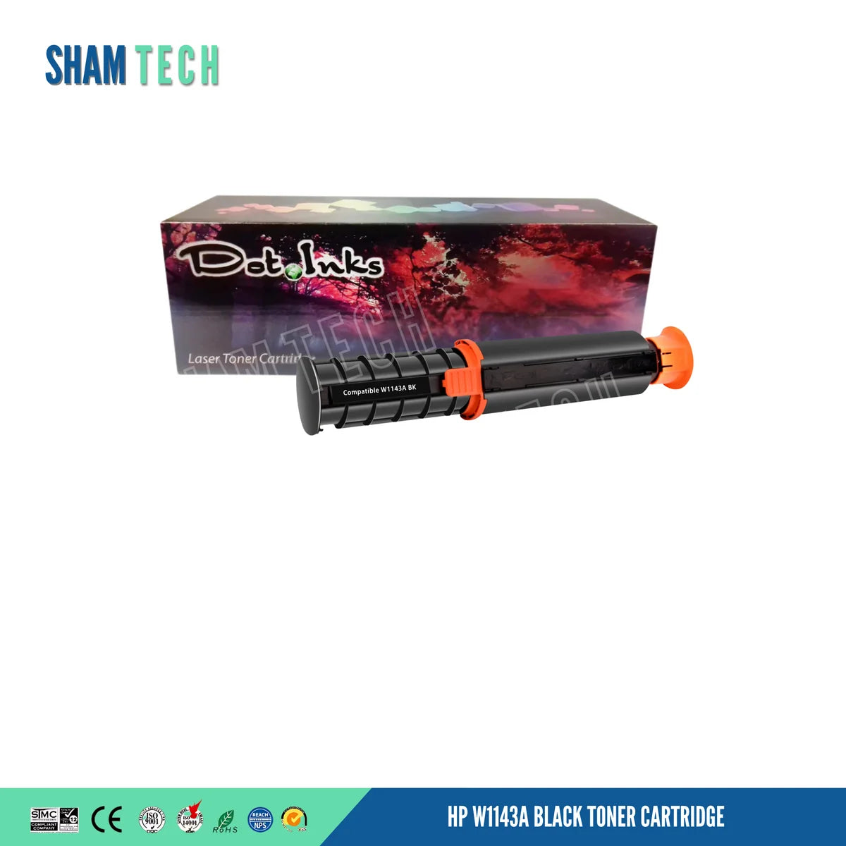 An HP W1143A Black Toner Cartridge. In the foreground, a cylindrical black toner unit with orange end caps/collar rings, a helical/ribbed structural body, and a central label marked "Compatible W1143A BK" rests horizontally before a "Dot Inks" branded retail box against a white background with a soft drop shadow. The bottom dark blue banner displays international compliance and certification icons (SMC, CE, ISO 9001, ISO 14001, RoHS, REACH) on the left and bold text "HP W1143A BLACK TONER CARTRIDGE"