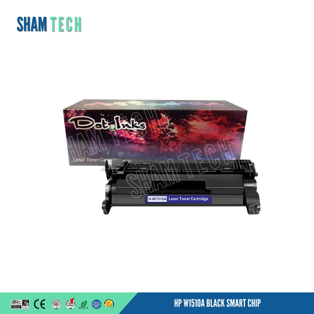 A black laser toner cartridge is positioned in front of its product box featuring a colorful "Dot Inks" graphic design. The top-left corner displays the "SHAM TECH" logo, a translucent watermark overlay covers the center, and a bottom banner displays compliance certification icons alongside the text "HP W1510A BLACK SMART CHIP