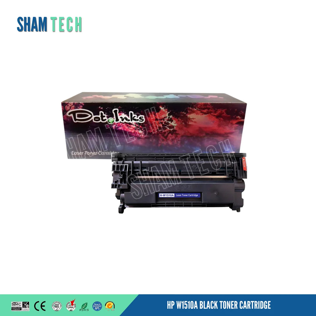 A black laser toner cartridge is displayed on a white background, featuring a blue label in the center with the white text "H-W1510A Laser Toner Cartridge