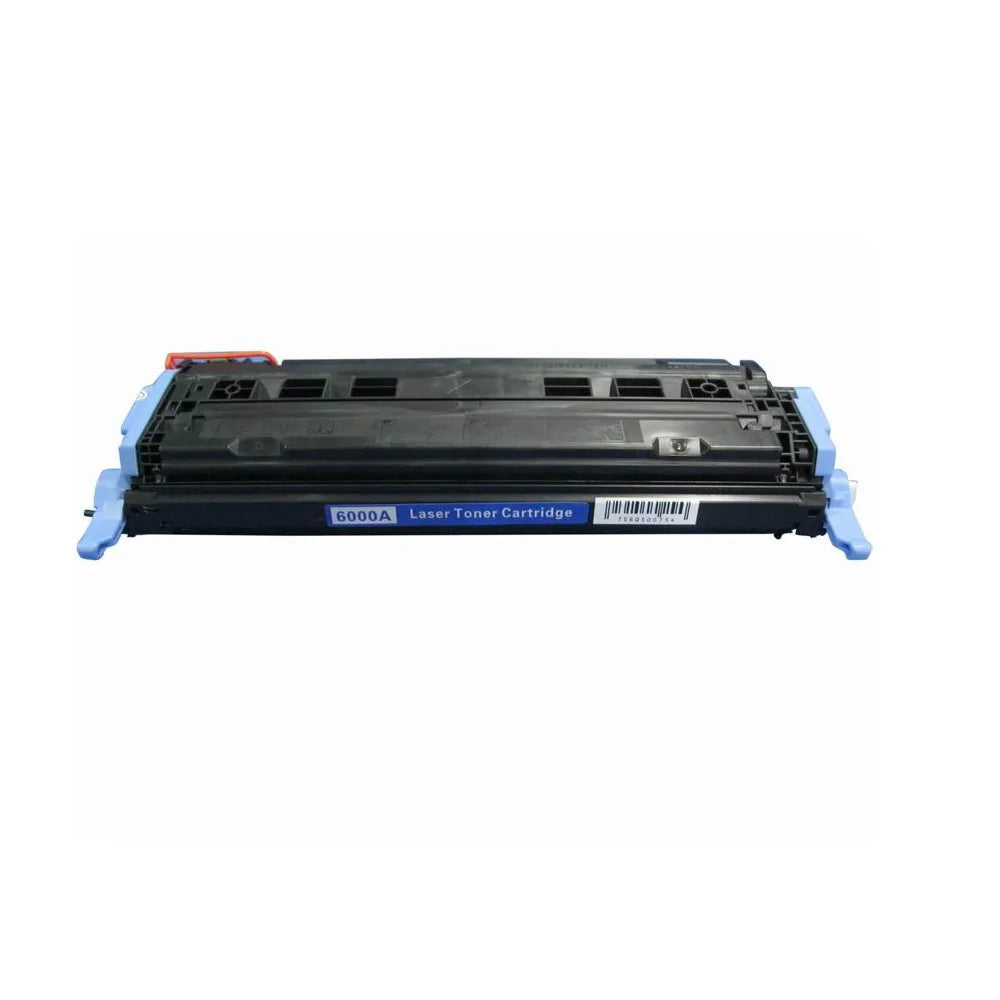 HP 6000A Laser Toner Cartridge without its box. Centered on a white background, the black laser toner unit features structured plastic housing, light blue side handle/lever assemblies, a small orange/red protective or release clip accent on the upper left, an internal drum/roller mechanism view, and a blue center label marked "6000A | Laser Toner Cartridge" adjacent to a white barcode label.