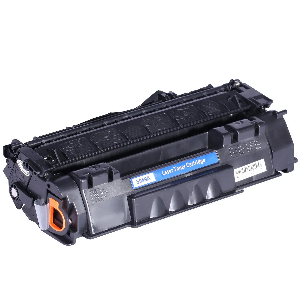 HP Q5949A/Q7553A Compatible Black Toner Cartridge without its box. Against a clean white background, a complex black laser toner cartridge features an orange protective locking clip on the side, a clear pull-tab film seal, and a central blue identification label marked "5949A Laser Toner Cartridge".