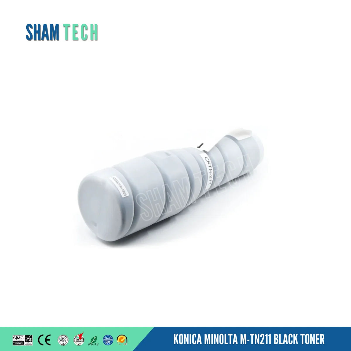 A KONICA MINOLTA M-TN211 BLACK TONER features a single grey toner bottle without its box displayed diagonally against a white background. The unit features a contoured plastic body with ribbed sections and identification labels. The "SHAM TECH" logo appears in the top-left corner, a large translucent "SHAM TECH" watermark is overlaid diagonally across the image, and a bottom banner displays compliance and certification logos alongside the product name.