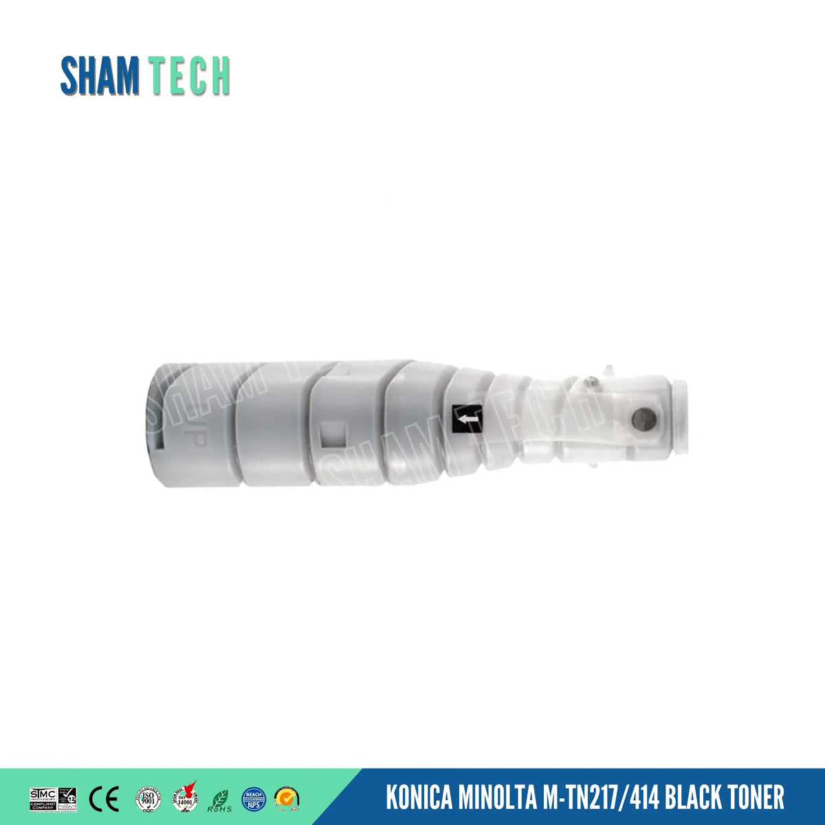 A Konica Minolta M-TN217/414 Black Toner" features a single grey toner bottle without its box displayed horizontally against a white background. The unit features a contoured plastic body with ridges and a directional arrow indicator label. a large translucent "SHAM TECH" watermark is overlaid diagonally across the image, and a bottom banner displays compliance and certification logos alongside the product name.