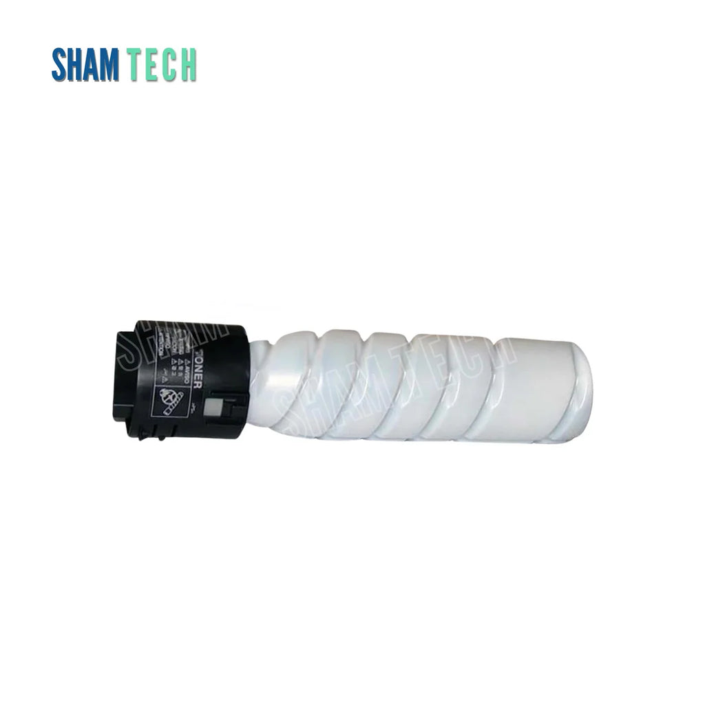 A standalone white and grey Konica Minolta TN-116/117/118/119 black toner bottle without its box is displayed horizontally against a white background, featuring a contoured plastic body with ribbed sections and a black neck collar with instruction labels. The "SHAM TECH" logo appears in the top-left corner, and a large translucent "SHAM TECH" watermark is overlaid diagonally across the center of the image.