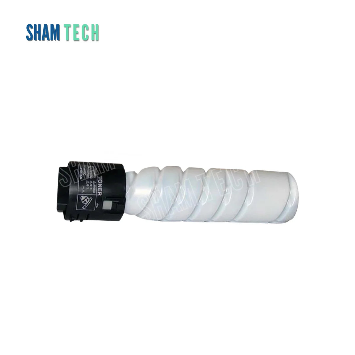 A standalone white and grey Konica Minolta TN-116/117/118/119 black toner bottle without its box is displayed horizontally against a white background, featuring a contoured plastic body with ribbed sections and a black neck collar with instruction labels. The "SHAM TECH" logo appears in the top-left corner, and a large translucent "SHAM TECH" watermark is overlaid diagonally across the center of the image.