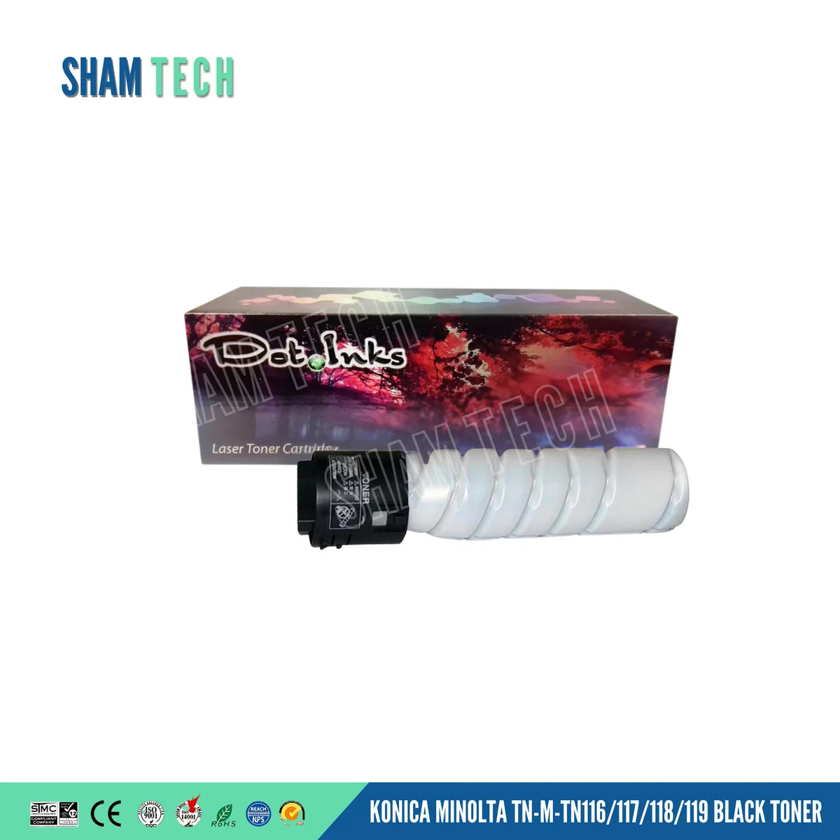 A KONICA MINOLTA TN-M-TN116/117/118/119 BLACK TONER" features a single white and grey toner bottle displayed horizontally in front of a "Dot Inks" retail box against a white background. The unit features a contoured plastic body with ribbed sections and a black neck collar with instruction labels. and a bottom banner displays compliance and certification logos alongside the product name.
