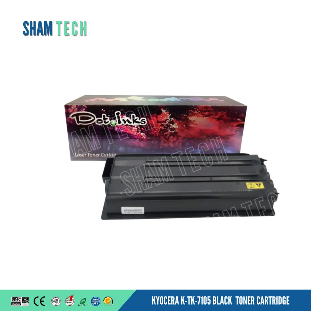 A black laser toner cartridge is displayed horizontally in front of its product box against a white background. The product box behind it features a colorful, abstract graphic design with the brand name "Dot Inks" and the text "Laser Toner Cartridge". The top-left corner shows the "SHAM TECH" logo, a large translucent "SHAM TECH" watermark is overlaid diagonally across the center of the image, and a bottom banner displays various compliance and certification logos alongside the text "KYOCERA K-TK-7105 BLACK
