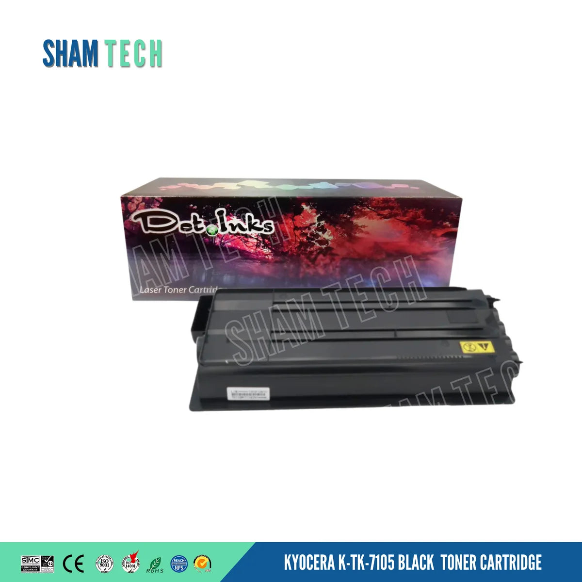 A black laser toner cartridge is displayed horizontally in front of its product box against a white background. The product box behind it features a colorful, abstract graphic design with the brand name "Dot Inks" and the text "Laser Toner Cartridge". The top-left corner shows the "SHAM TECH" logo, a large translucent "SHAM TECH" watermark is overlaid diagonally across the center of the image, and a bottom banner displays various compliance and certification logos alongside the text "KYOCERA K-TK-7105 BLACK