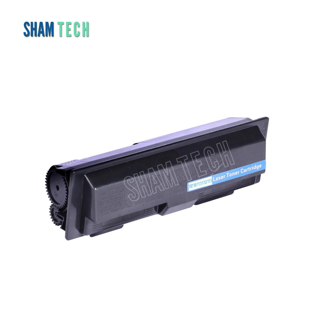Kyocera K-TK110/111/112/113 compatible black toner cartridge without its box set against a clean white background. The cartridge is constructed with a black molded plastic housing that features exposed side drive gears on the left end, integrated grip detailing, and a light blue front label reading "TK110/111/112/113 Laser Toner Cartridge". The SHAM TECH logo appears in the top-left corner, accompanied by a semi-transparent diagonal watermark across the center of the cartridge body.