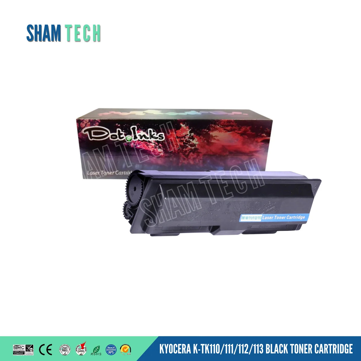 a Dot Inks compatible black toner cartridge for Kyocera printers (model series K-TK110/111/112/113) positioned in front of its retail packaging box against a clean white background. The cartridge is constructed with a structured black plastic housing, visible side drive gears, and a light blue front label reading "TK110/111/112/113 Laser Toner Cartridge". Placed directly behind it is the Dot Inks retail box showcasing the signature autumn forest design with a top rainbow gradient bar.